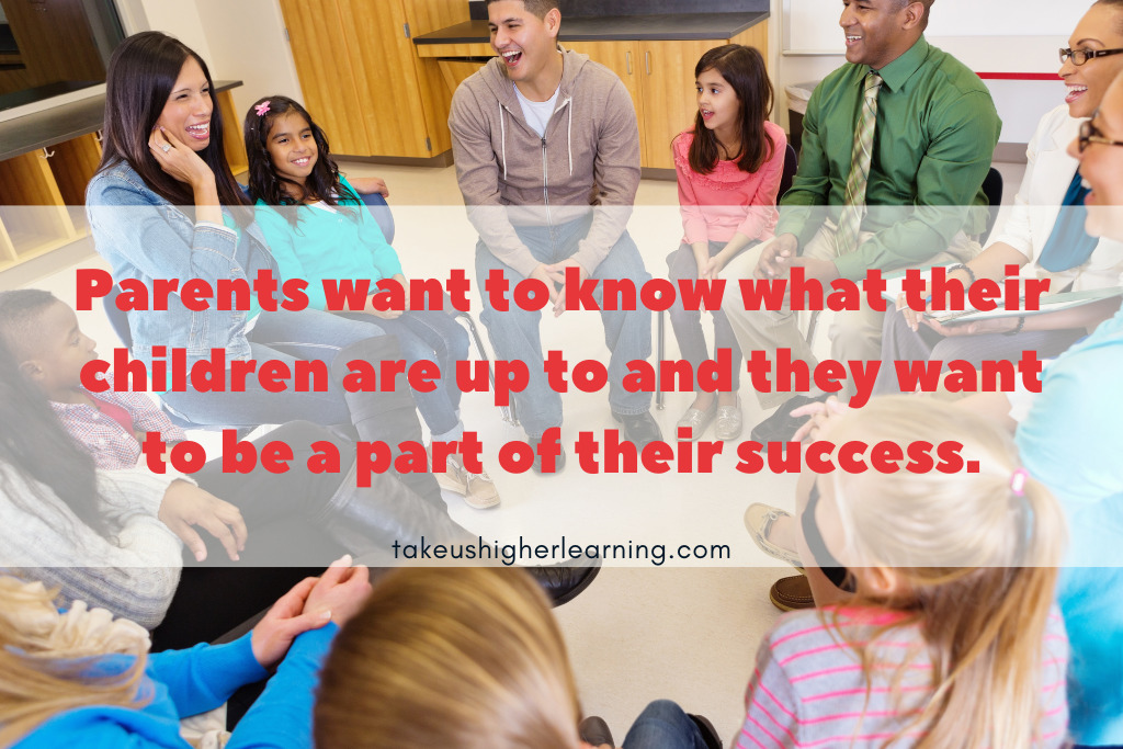 Image of students and parents sitting in a circle in a classroom with a quote from the post that reads "Parents want to know what their children are up to and they want to be a part of their success."