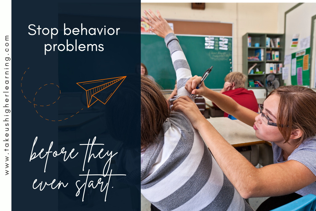 Image of 2 students being disruptive in the classroom with text that reads stop behavior problems before they even start.
