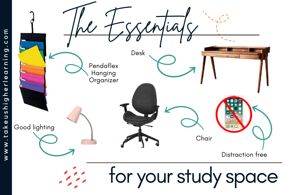 The essentials for a study space are a pendaflex hanging organizer, good lighting, desk, chair, and distraction-free.